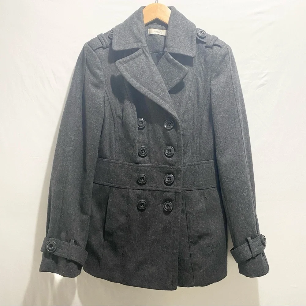 Ricki’s Vintage grey double button Peacoat Academic wool jacket women’s  size XS - Picture 2 of 10